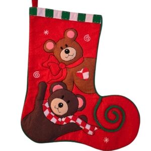 Vintage "16inch Dillards Bears Christmas Stocking Trimmings Red Felt Handcrafted